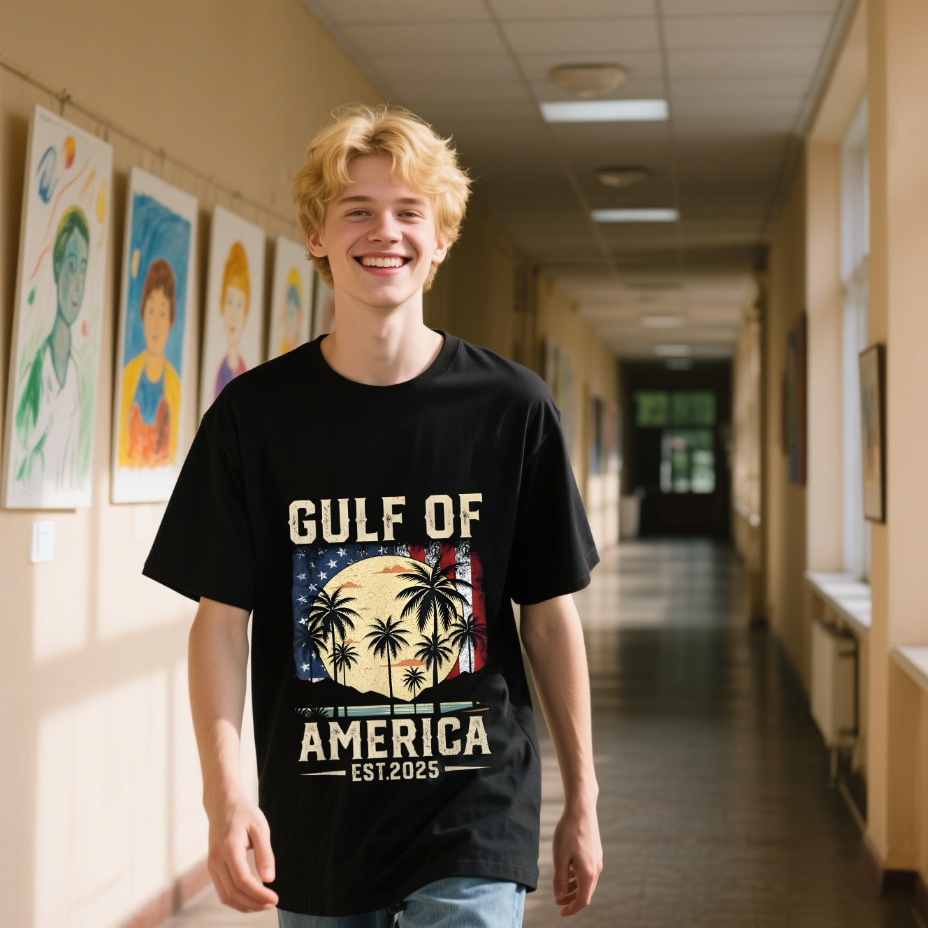 Gulf Of America Est.2025 With American Flag And Sun And Coconut Trees T-Shirt, For 4th of July, Cotton, Short Sleeve, Crew Neck, Unisex For Men And Women