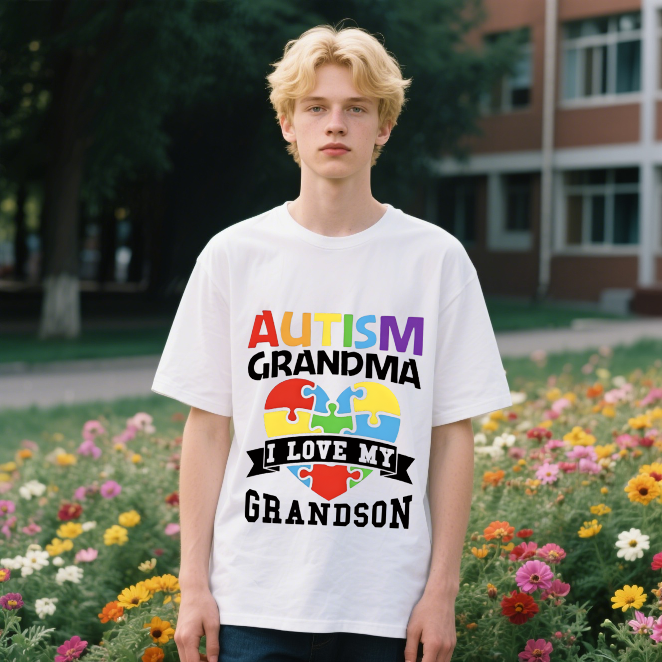 Autism Grandma I Love My Grandson T-Shirt, Cotton, Short Sleeve, Crew Neck, Unisex For Men And Women
