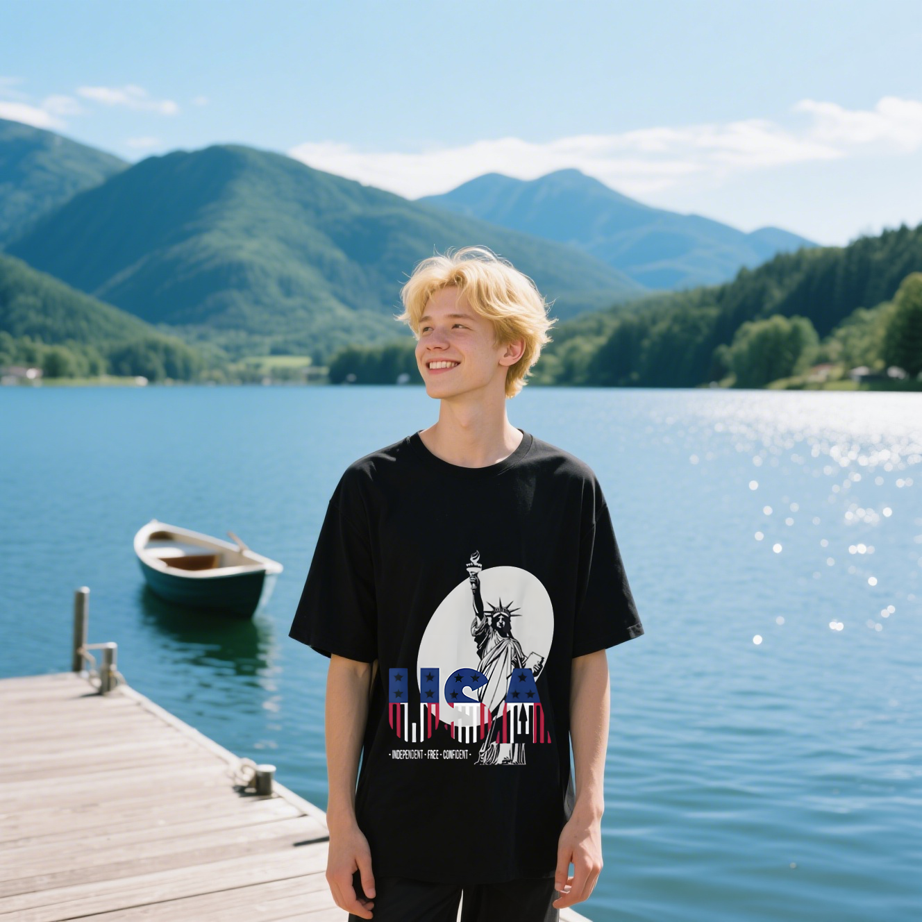 Statue Of Liberty With USA Independent Free Confident T-Shirt, For 4th of July, Cotton, Short Sleeve, Crew Neck, Unisex For Men And Women