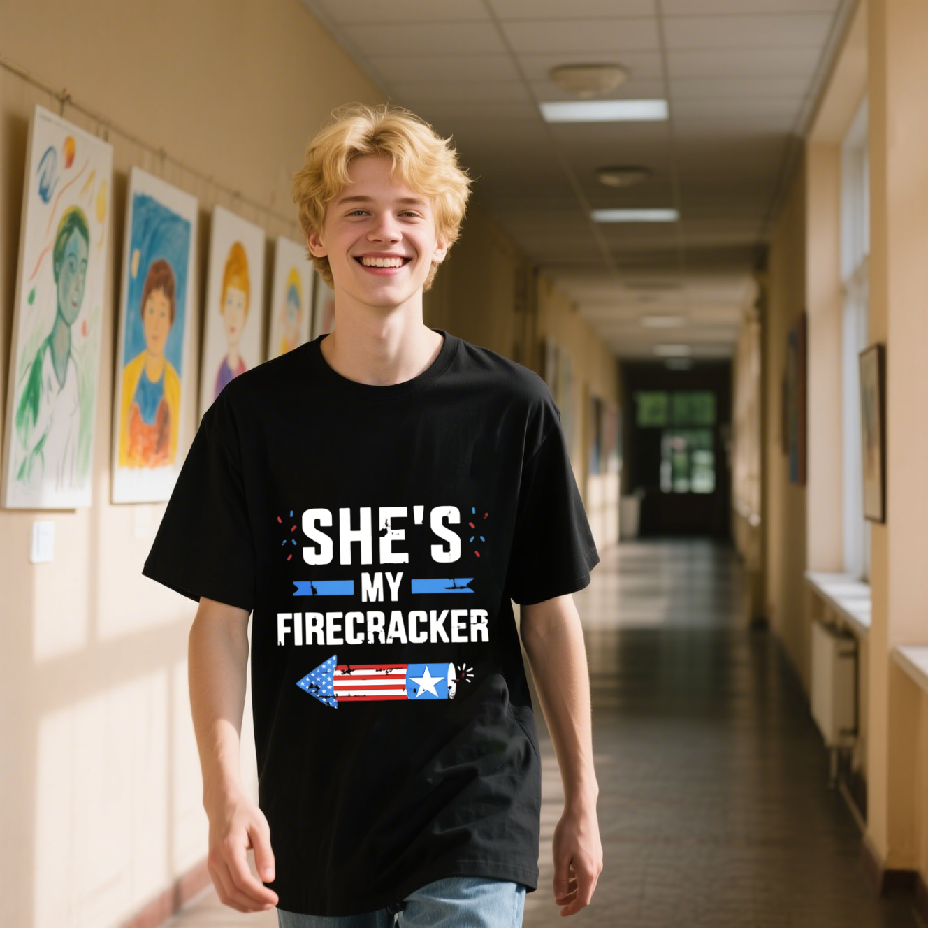 She's My Firecracker With American Flag On Arrow T-Shirt, For 4th of July, 100% Cotton, Short Sleeve, Crew Neck, Unisex For Men And Women