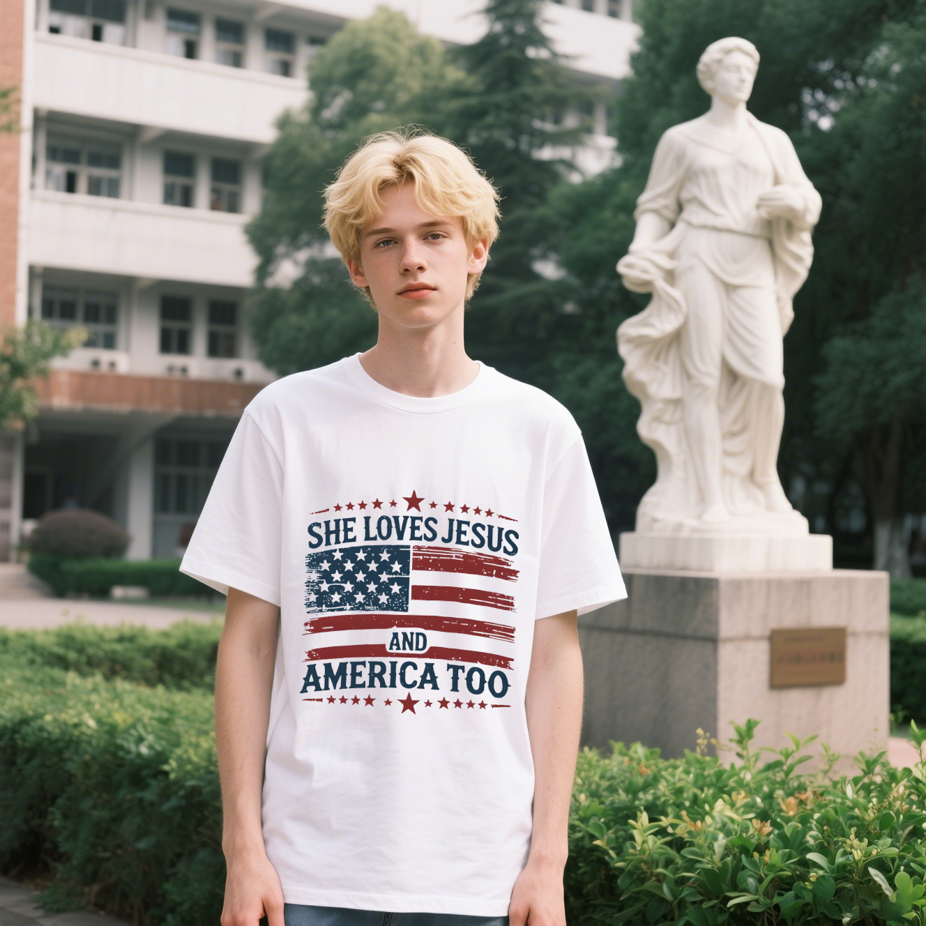 She Loves Jesus And America Too With American Flag T-Shirt, For 4th of July, Cotton, Short Sleeve, Crew Neck, Unisex For Men And Women
