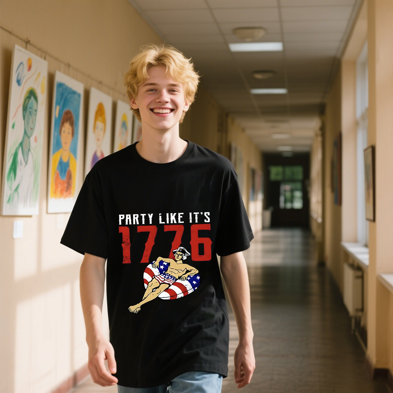 Party Like It's 1776 With Man Lying On The Swimming Ring With American Flag Colors T-Shirt, For 4th of July, Cotton, Short Sleeve, Crew Neck, Unisex For Men And Women