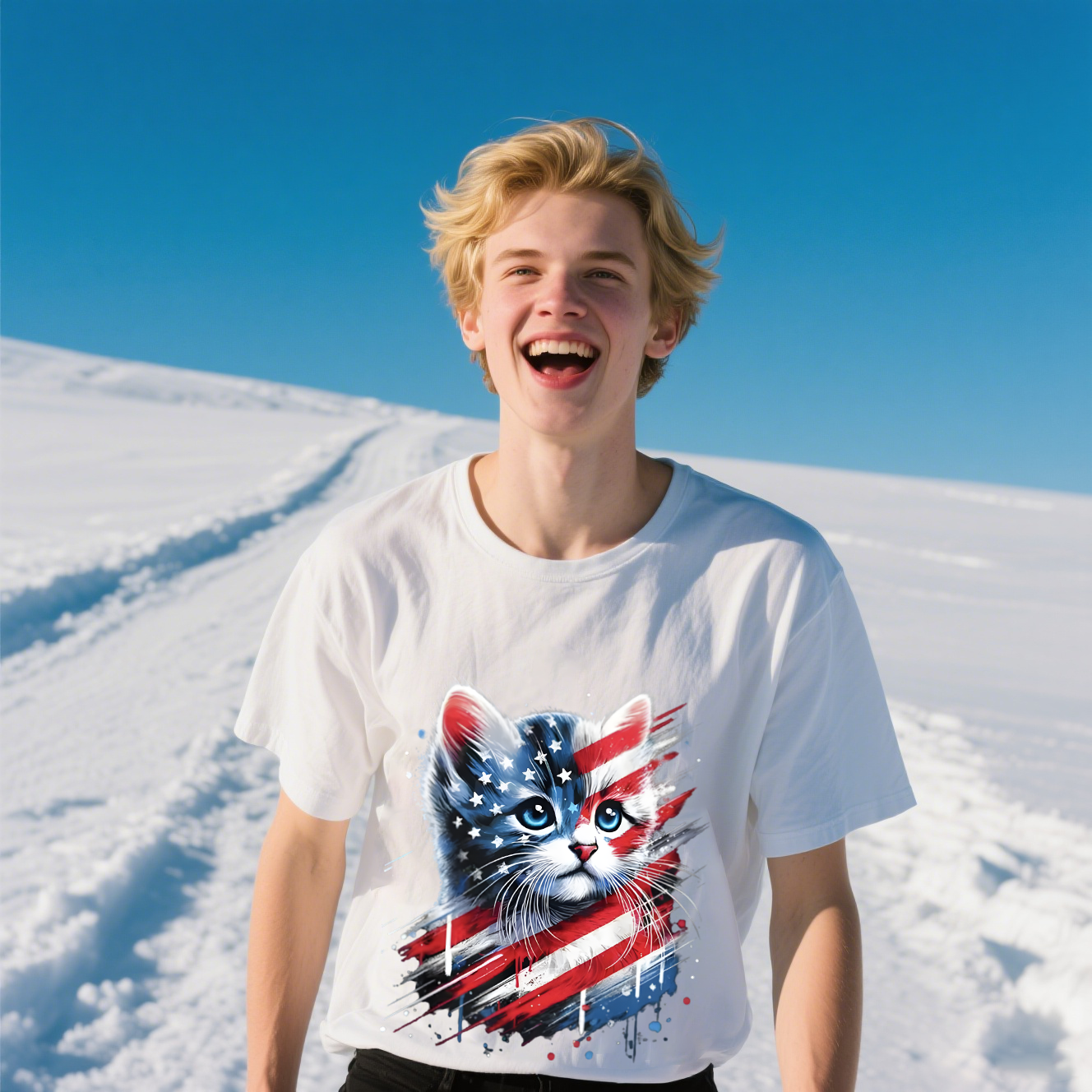 Cat With American Flag Colors T-Shirt, 100% Cotton, Short Sleeve, Crew Neck, Unisex For Men And Women
