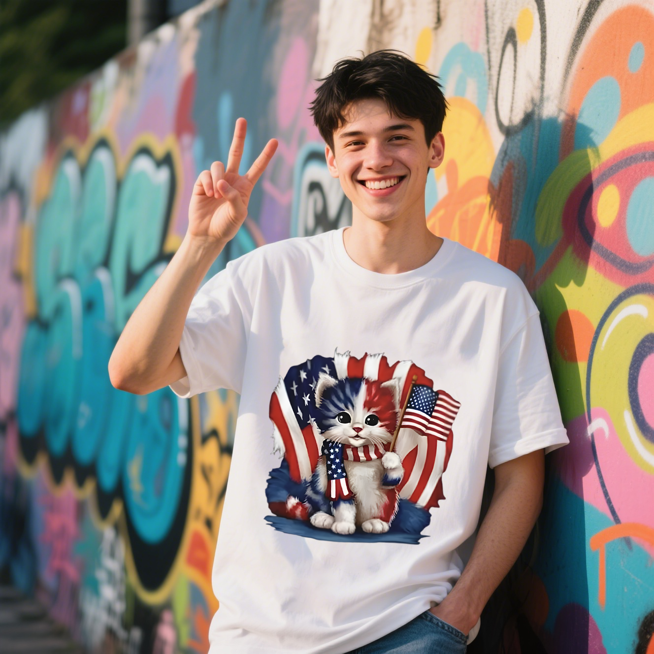 Cat With American Flag T-Shirt, For 4th of July, Cotton, Short Sleeve, Crew Neck, Unisex For Men And Women