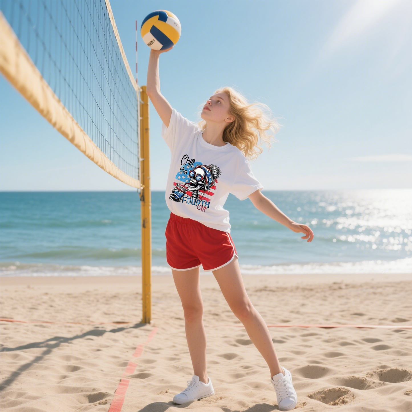 Chill The Fourth Out And A Female Skeleton With American Flag Colors T-Shirt, For 4th of July, Cotton, Short Sleeve, Crew Neck, Unisex For Men And Women