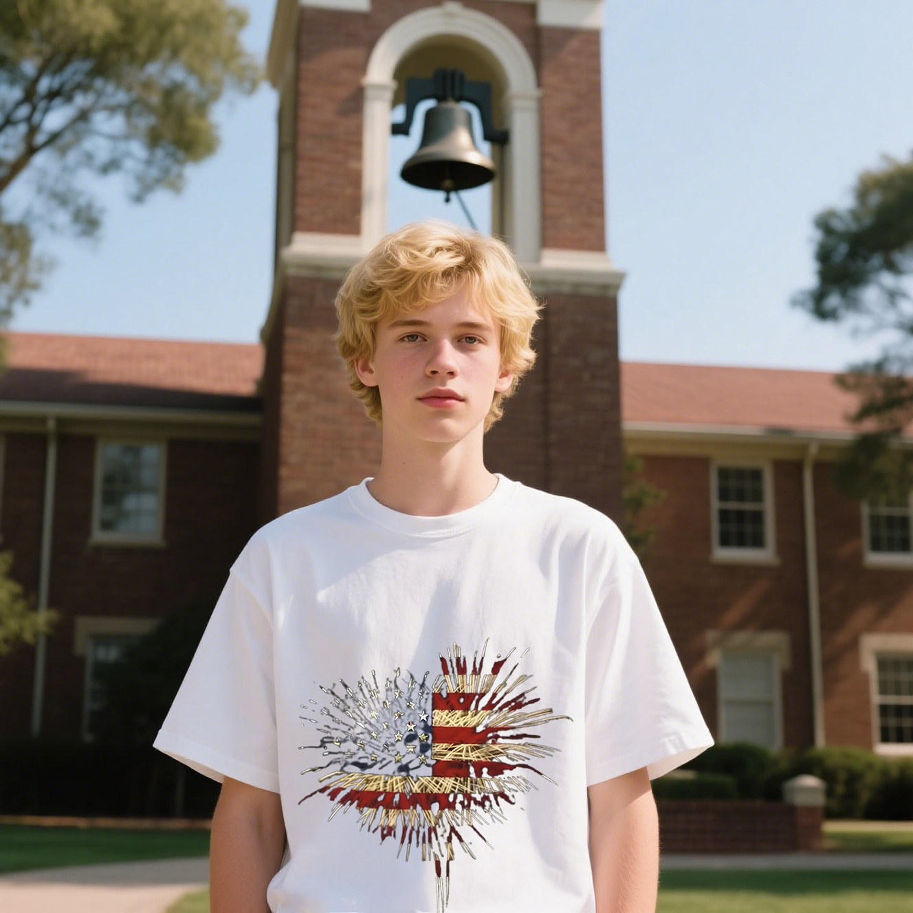 American Flag In Firework Shape T-Shirt, For 4th of July, Cotton, Short Sleeve, Crew Neck, Unisex For Men And Women