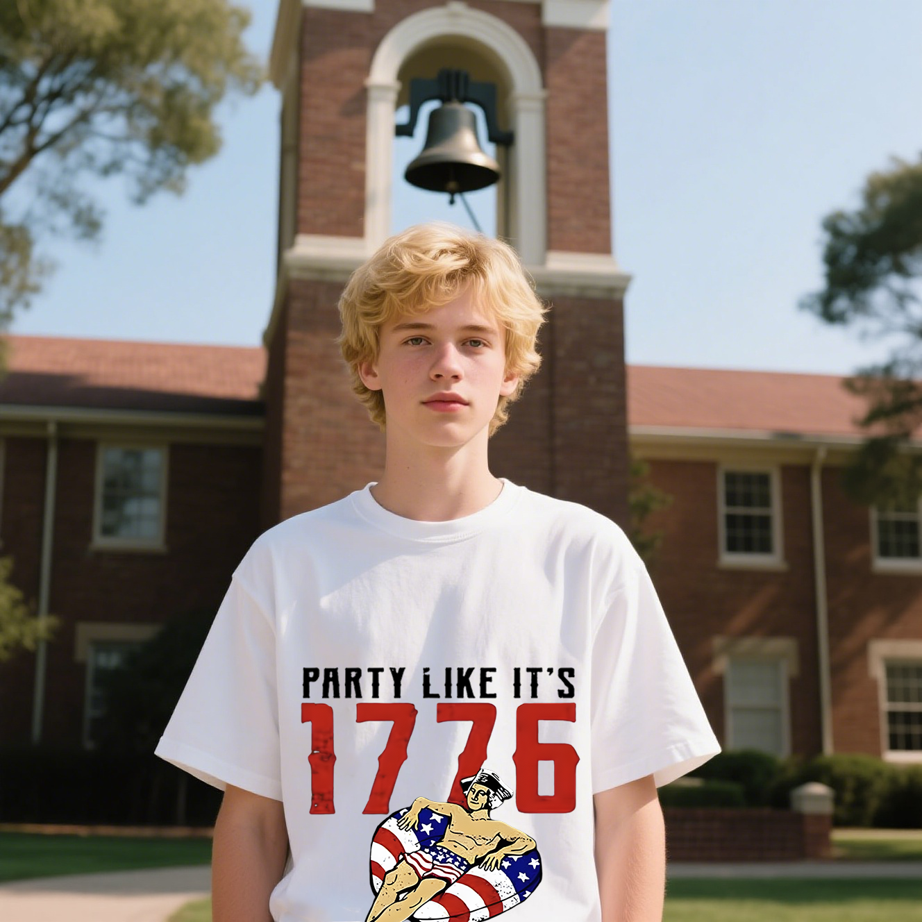 Party Like It's 1776 With Man Lying On The Swimming Ring With American Flag Colors T-Shirt, For 4th of July, Cotton, Short Sleeve, Crew Neck, Unisex For Men And Women