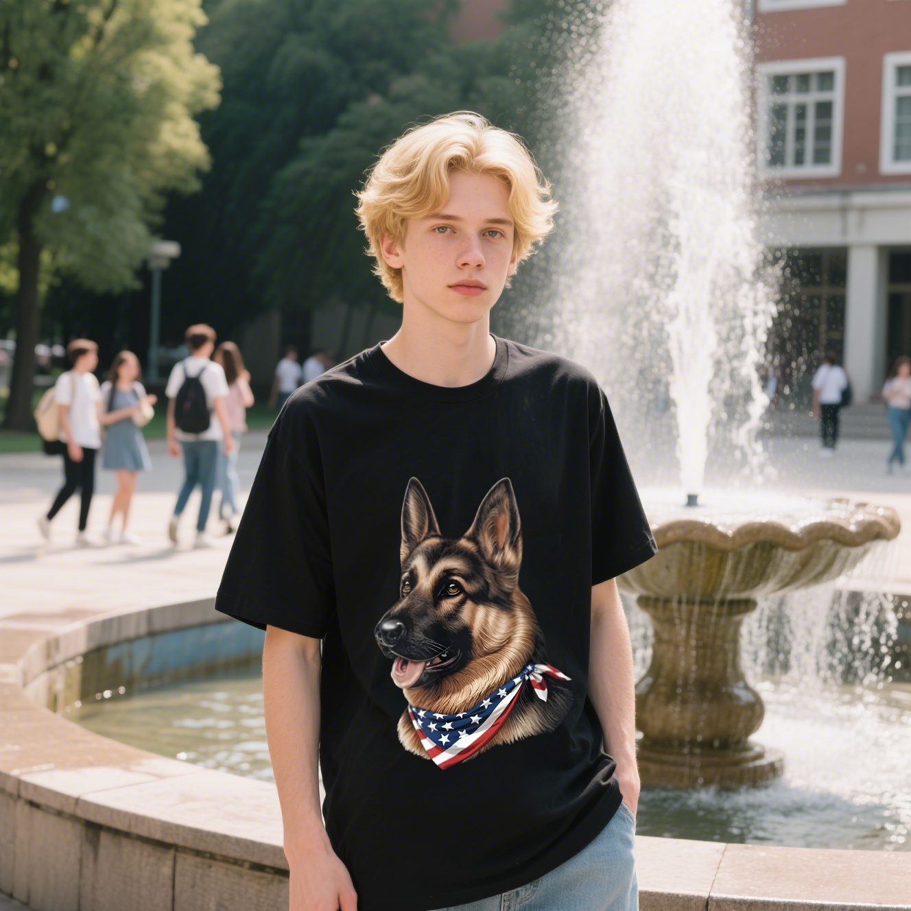 Dog With American Flag Colors Scarf T-Shirt, For 4th of July, Cotton, Short Sleeve, Crew Neck, Unisex For Men And Women