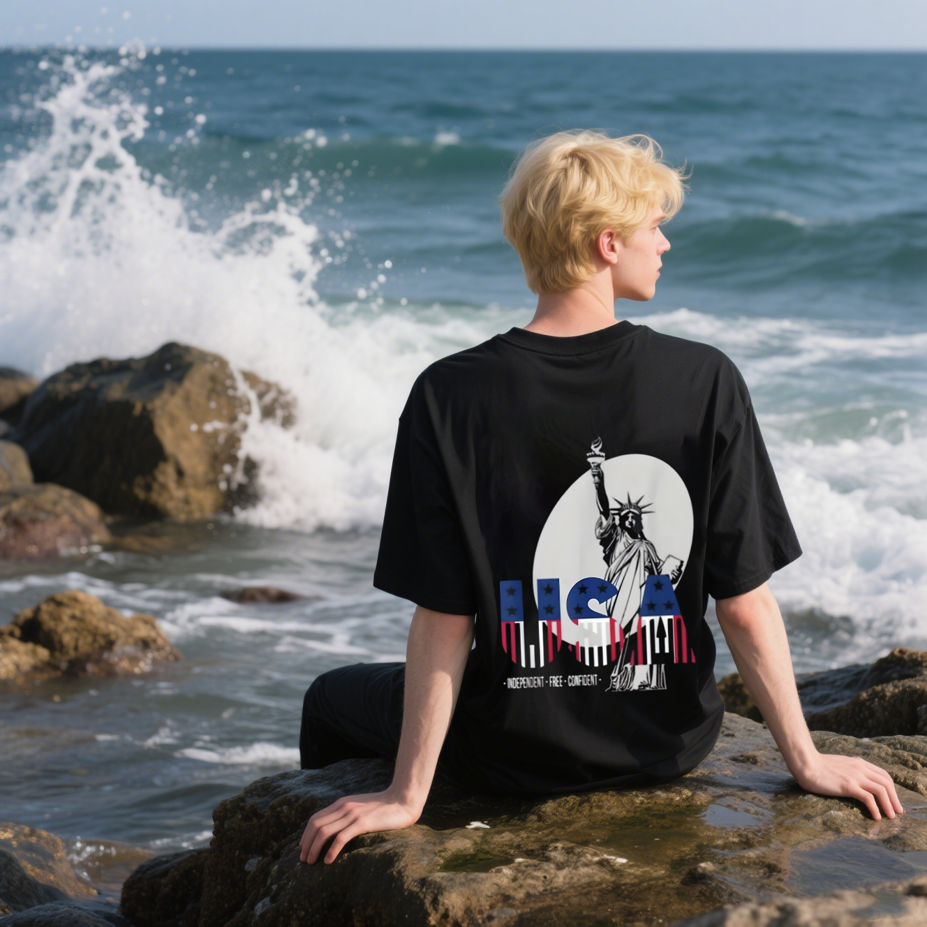 Statue Of Liberty With USA Independent Free Confident T-Shirt, For 4th of July, Cotton, Short Sleeve, Crew Neck, Unisex For Men And Women
