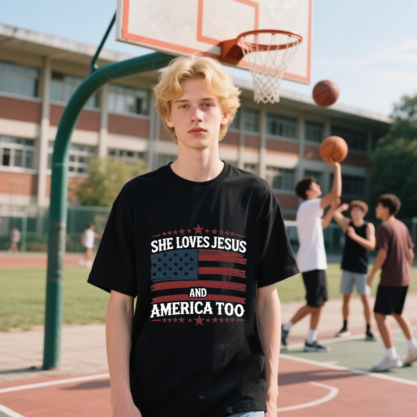 She Loves Jesus And America Too With American Flag T-Shirt, For 4th of July, Cotton, Short Sleeve, Crew Neck, Unisex For Men And Women