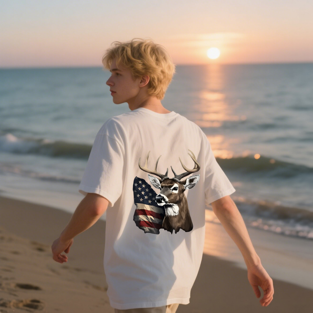 American Flag With Deer T-Shirt, 100% Cotton, Short Sleeve, Crew Neck, Unisex For Men And Women