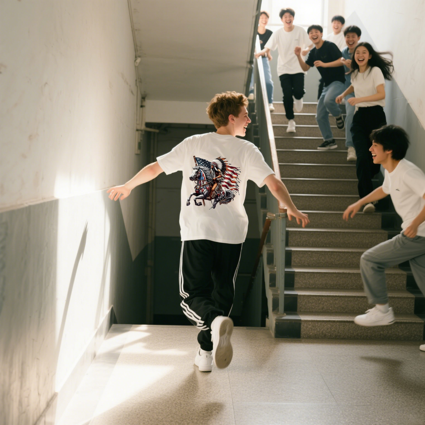 A Person On A White Horse With American Flag T-Shirt, 100% Cotton, Short Sleeve, Crew Neck, Unisex For Men And Women
