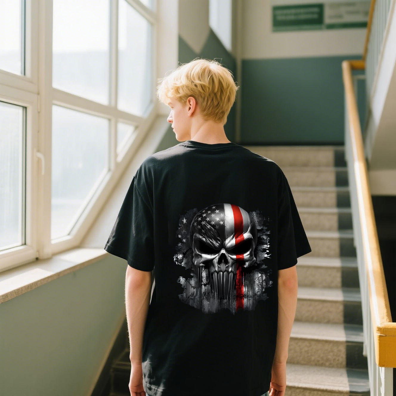 Skull With American Flag Colors T-Shirt, For 4th of July, 100% Cotton, Short Sleeve, Crew Neck, Unisex For Men And Women