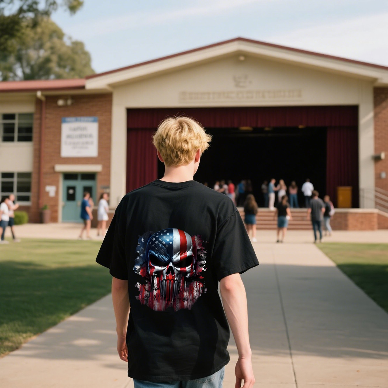 Skull With American Flag Colors T-Shirt, For 4th of July, 100% Cotton, Short Sleeve, Crew Neck, Unisex For Men And Women
