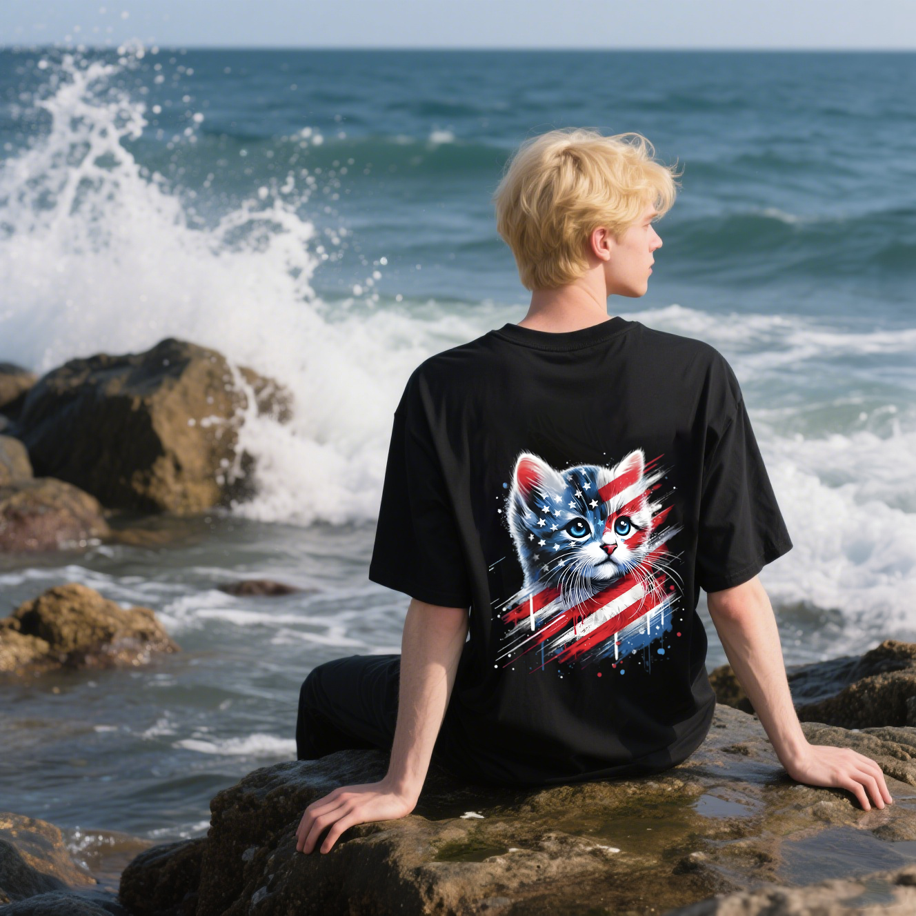 Cat With American Flag Colors T-Shirt, 100% Cotton, Short Sleeve, Crew Neck, Unisex For Men And Women