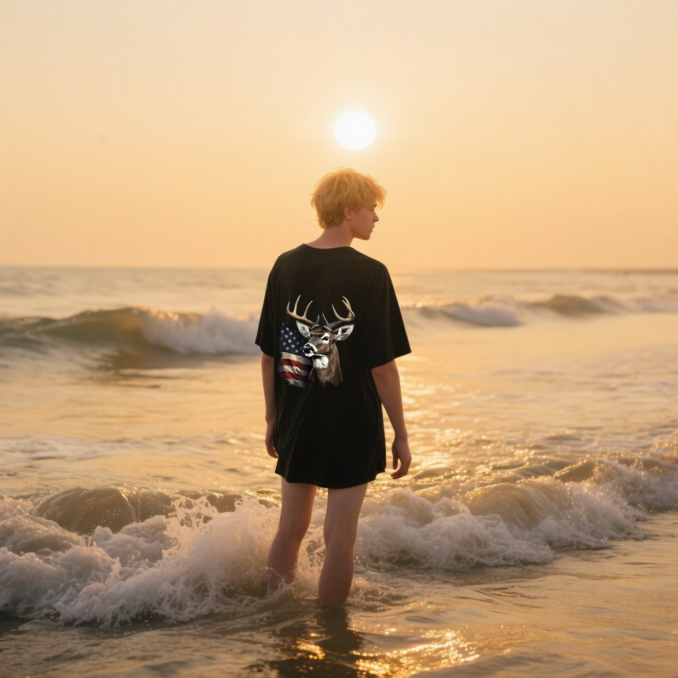 American Flag With Deer T-Shirt, 100% Cotton, Short Sleeve, Crew Neck, Unisex For Men And Women
