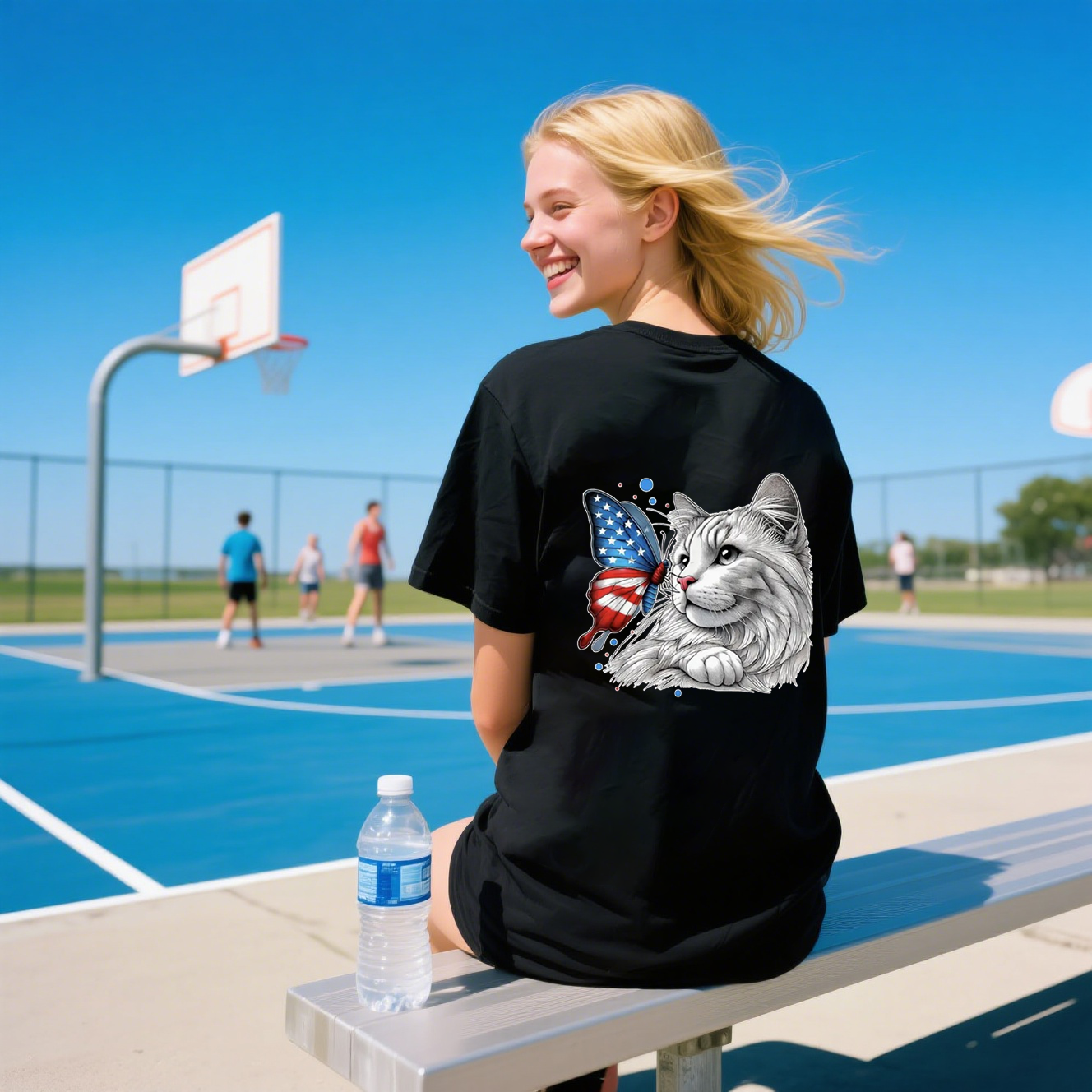 Cat With Butterfly In American Flag Colors T-Shirt, For 4th of July, Cotton, Short Sleeve, Crew Neck, Unisex For Men And Women