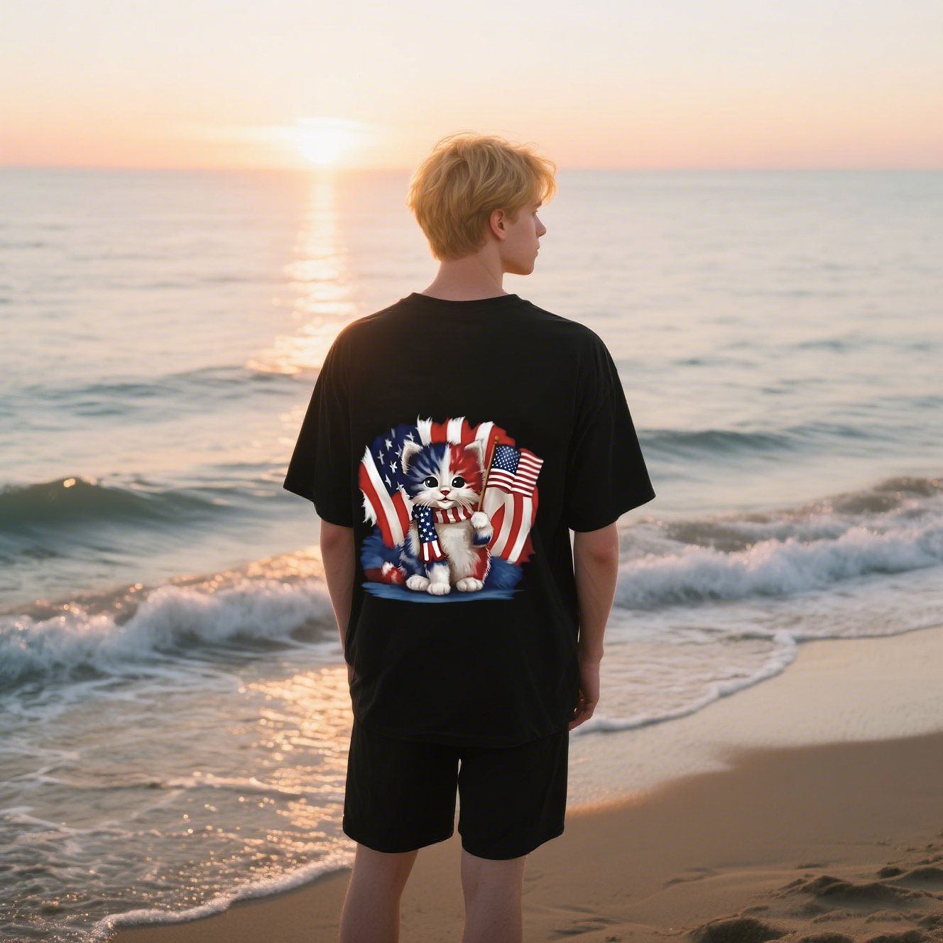 Cat With American Flag T-Shirt, For 4th of July, Cotton, Short Sleeve, Crew Neck, Unisex For Men And Women
