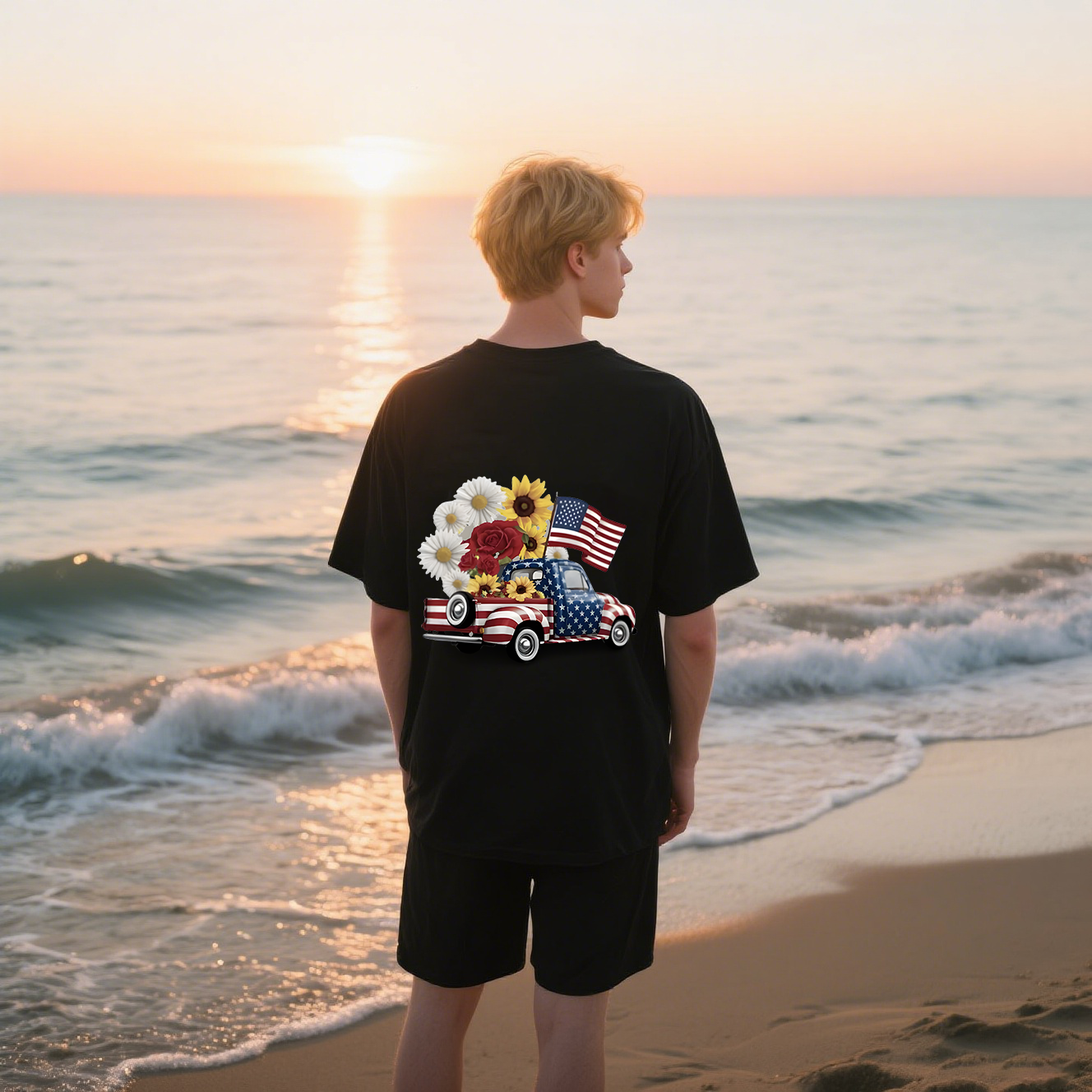 Flowers On Car With American Flag Colors T-Shirt, For 4th of July, Cotton, Short Sleeve, Crew Neck, Unisex For Men And Women