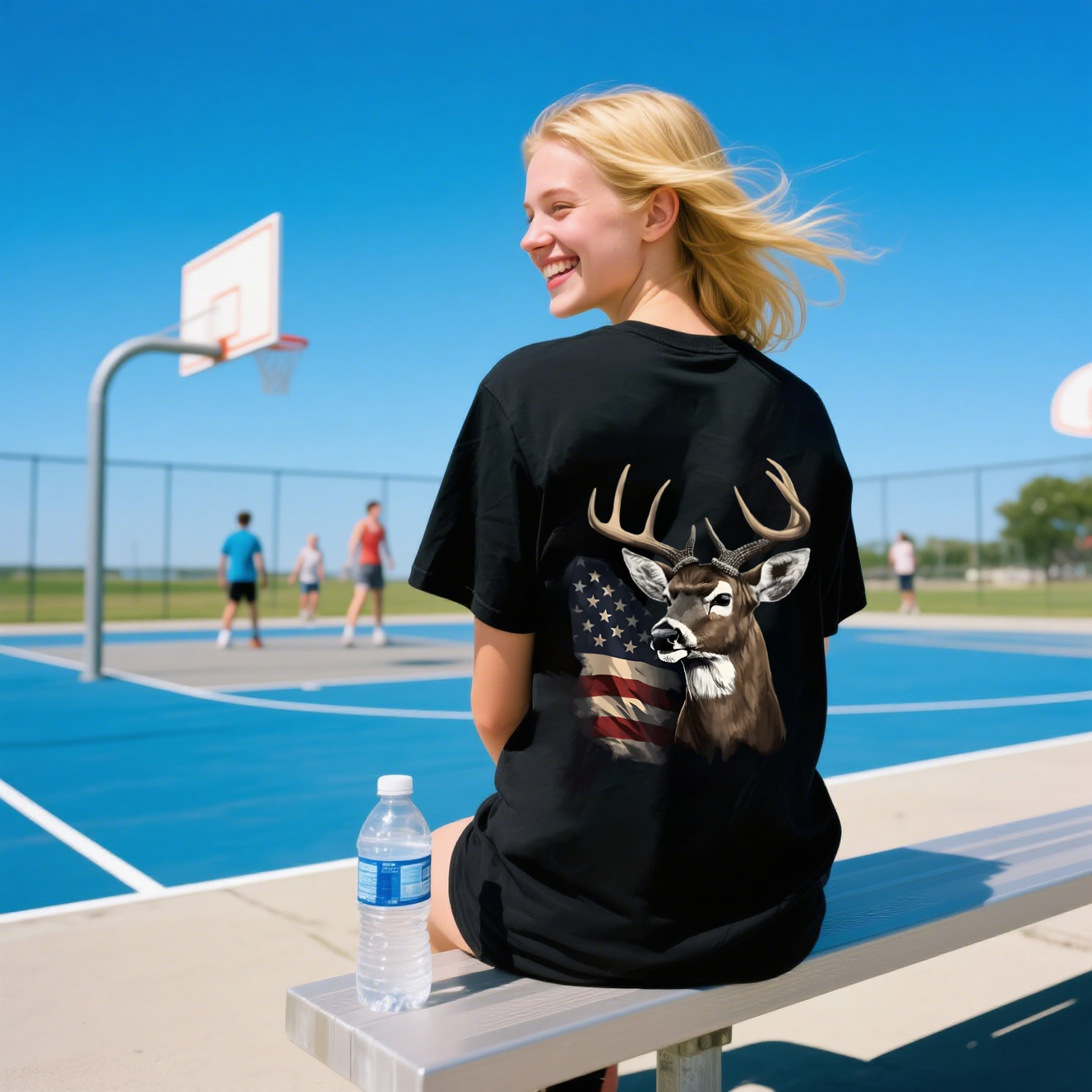 American Flag With Deer T-Shirt, 100% Cotton, Short Sleeve, Crew Neck, Unisex For Men And Women