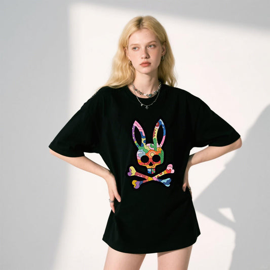 Bone Graphic T-Shirt, Rabbit Design, Hip Hop Style, Unisex, Short Sleeve, Crew Neck, Street Style, Casual, For Summer, Fall and Spring