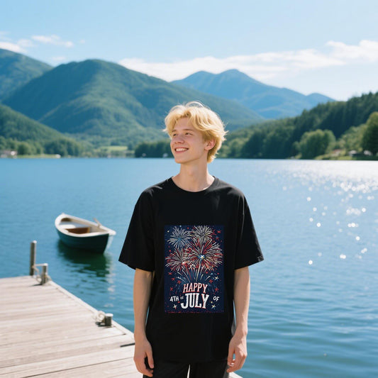 Happy 4th of July T-Shirt, Fireworks Celebration, 100% Cotton, Short Sleeve, Crew Neck, Unisex For Men And Women