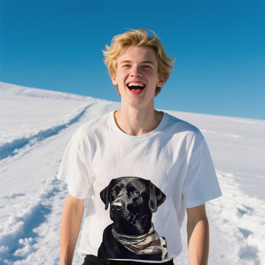 Black Dog With American Flag Scarf T-Shirt, For 4th of July, Cotton, Short Sleeve, Crew Neck, Unisex For Men And Women