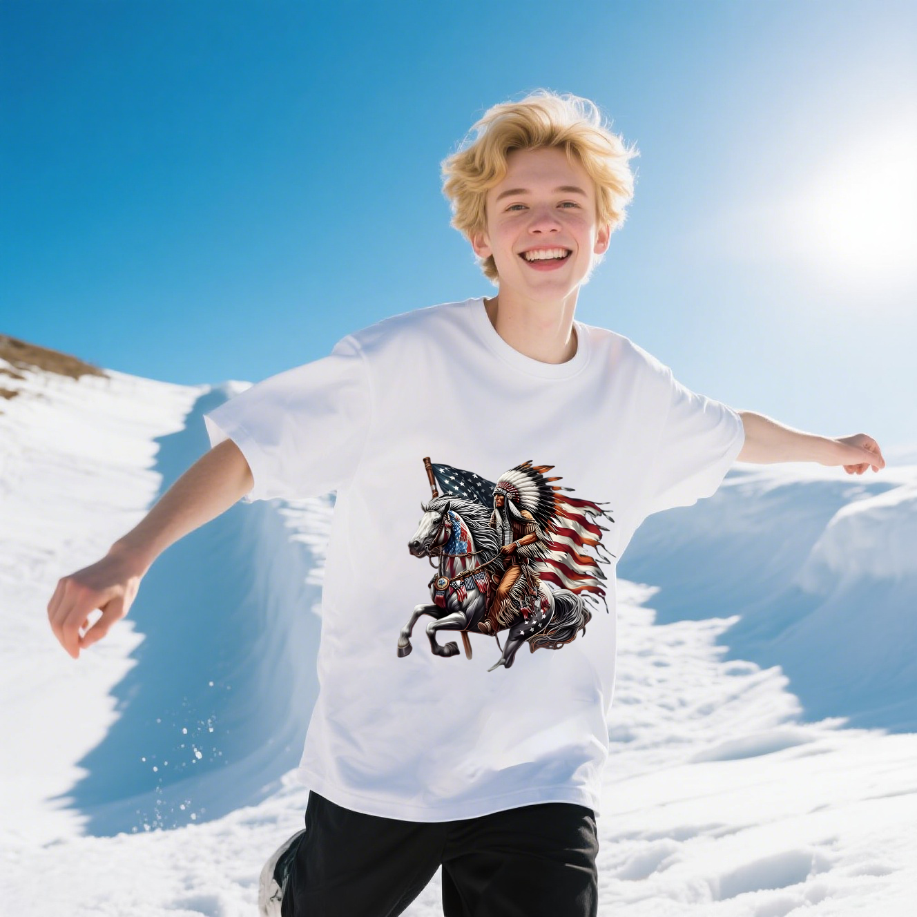 A Person On A White Horse With American Flag T-Shirt, 100% Cotton, Short Sleeve, Crew Neck, Unisex For Men And Women