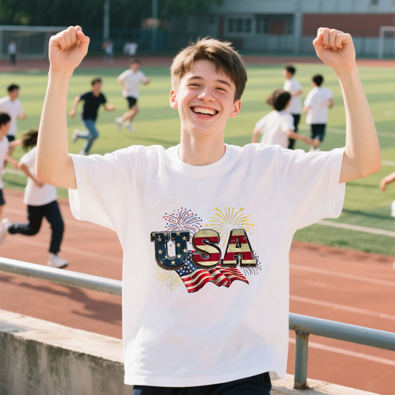 “USA” With American Flag And Fireworks T-Shirt, For 4th of July, Cotton, Short Sleeve, Crew Neck, Unisex For Men And Women