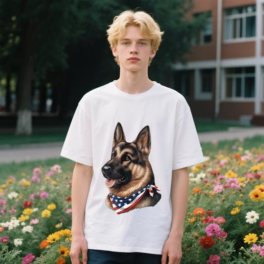 Dog With American Flag Colors Scarf T-Shirt, For 4th of July, Cotton, Short Sleeve, Crew Neck, Unisex For Men And Women
