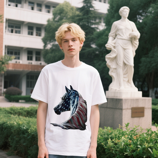 American Flag With Horse T-Shirt, For 4th of July, 100% Cotton, Short Sleeve, Crew Neck, Unisex For Men And Women