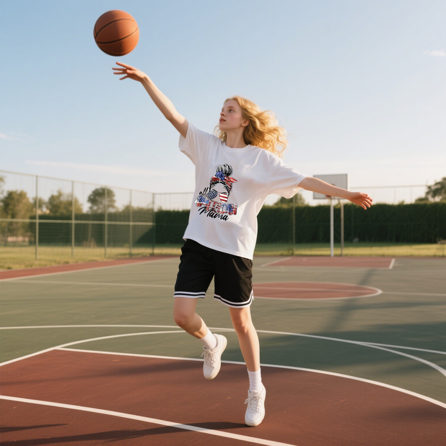 All American Mama And A Woman With Decorations In The Colors Of The American Flag T-Shirt, For 4th of July, Cotton, Short Sleeve, Crew Neck, Unisex For Men And Women