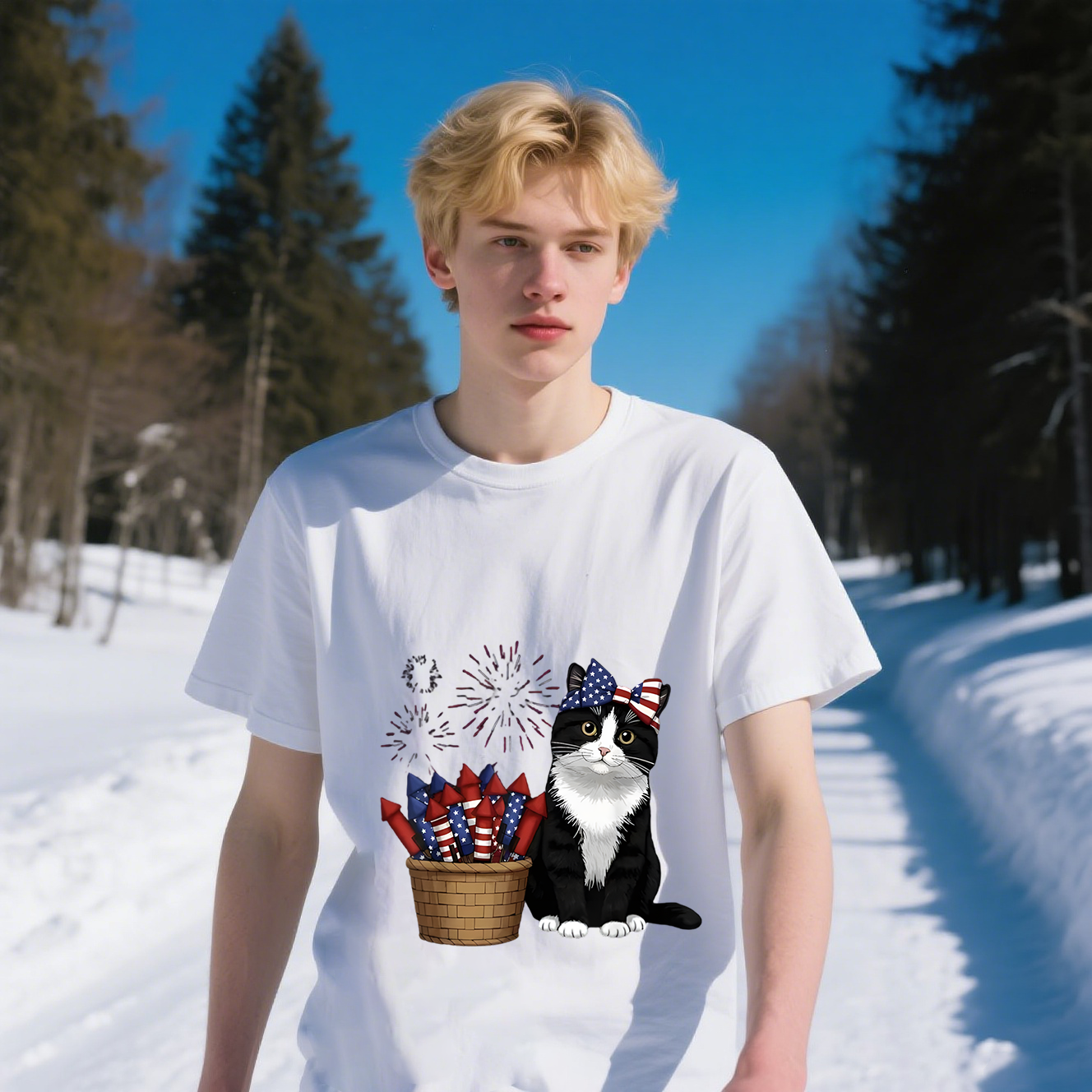 Cow Cat And Fireworks With American Flag Colors In The Basket T-Shirt, For 4th of July, Cotton, Short Sleeve, Crew Neck, Unisex For Men And Women