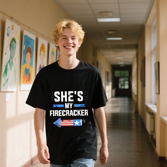 She's My Firecracker With American Flag On Arrow T-Shirt, For 4th of July, 100% Cotton, Short Sleeve, Crew Neck, Unisex For Men And Women