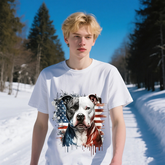 Dog With American Flag T-Shirt, For 4th of July, 100% Cotton, Short Sleeve, Crew Neck, Unisex For Men And Women