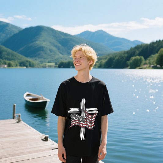 Cross With American Flag T-Shirt, For 4th of July, Cotton, Short Sleeve, Crew Neck, Unisex For Men And Women