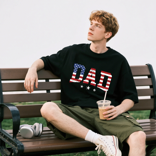 Dad With American Flag T-Shirt, For 4th of July, 100% Cotton, Short Sleeve, Crew Neck, Unisex For Men And Women