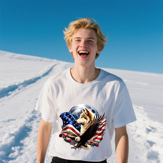 American Flag With Dog, Eagle And Moon T-Shirt, For 4th of July, 100% Cotton, Short Sleeve, Crew Neck, Unisex For Men And Women