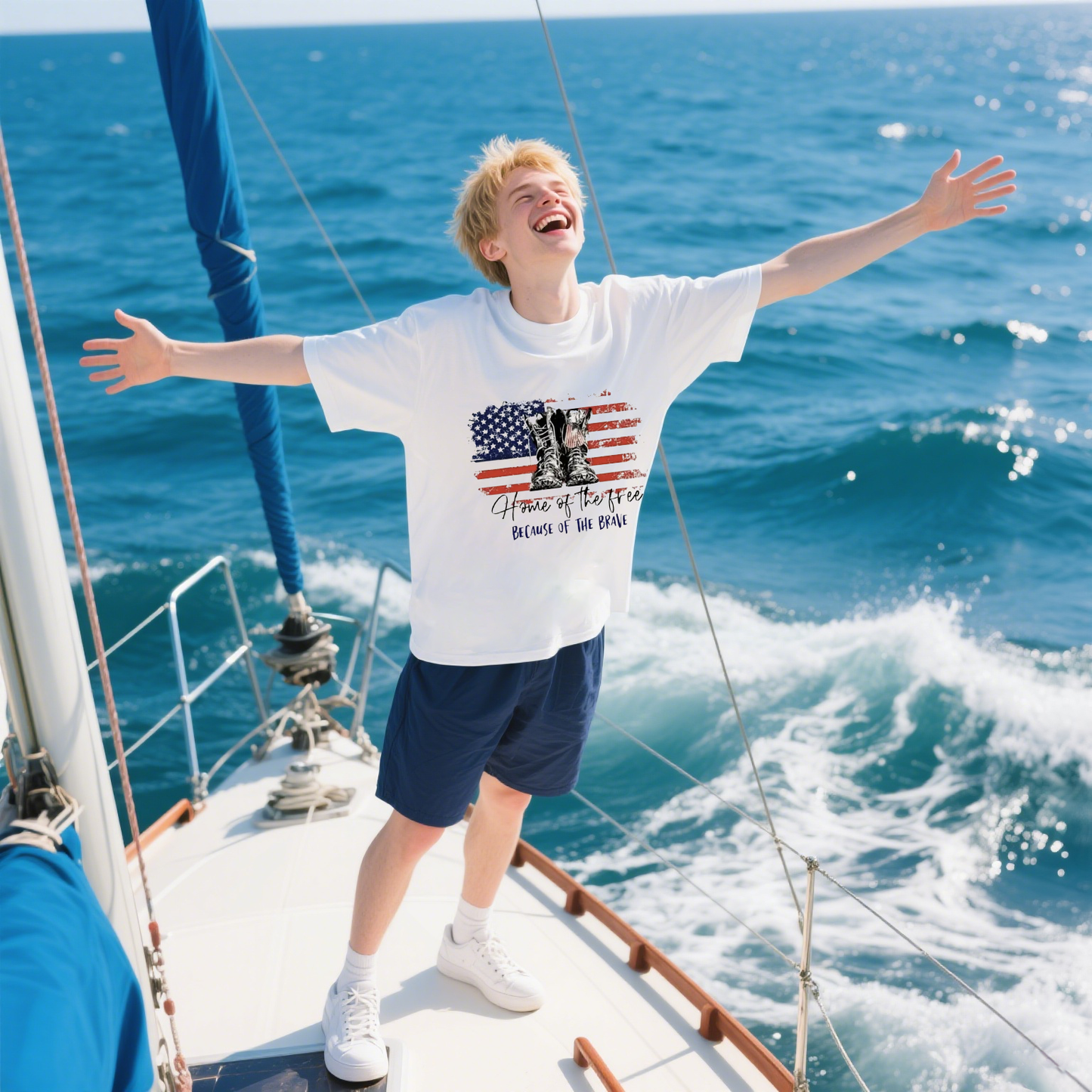 Home Of The Free Because Of The Brave With American Flag And A Pair Of Shoes T-Shirt, For 4th of July, Cotton, Short Sleeve, Crew Neck, Unisex For Men And Women
