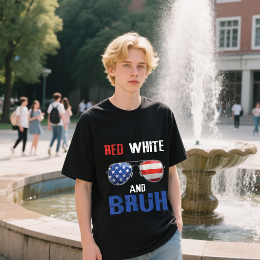 Red White And Bruh With American Flag On Sunglasses T-Shirt, For 4th of July, 100% Cotton, Short Sleeve, Crew Neck, Unisex For Men And Women