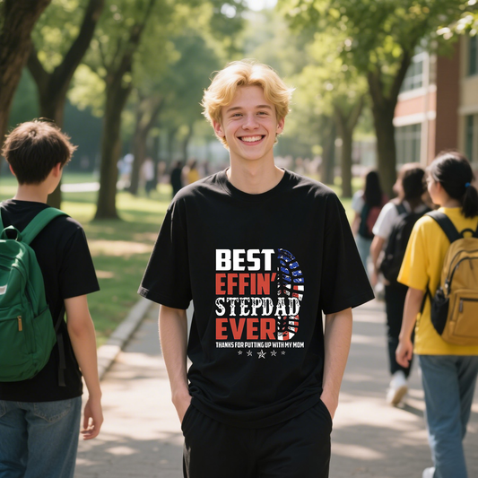 Best Effin‘ Stepdad Ever With American Flag Colors T-Shirt, For 4th of July, Cotton, Short Sleeve, Crew Neck, Unisex For Men And Women