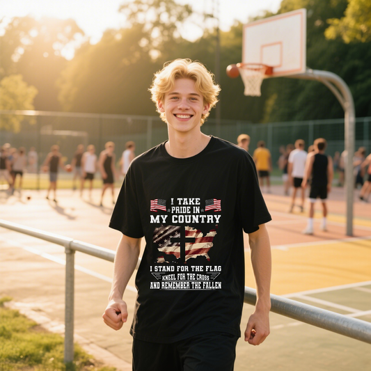 I Take Pride In My Country With American Flag T-Shirt, For 4th of July, Cotton, Short Sleeve, Crew Neck, Unisex For Men And Women