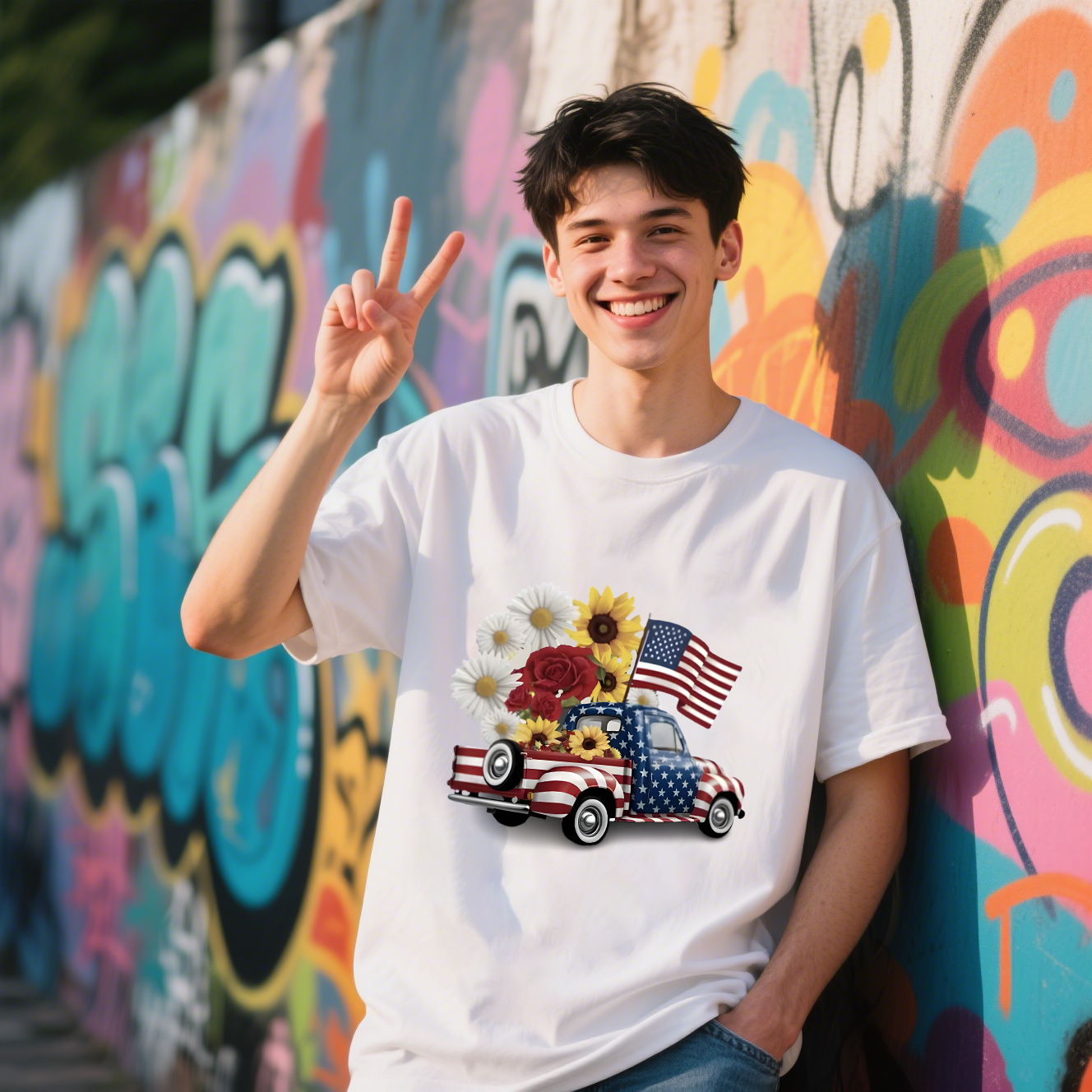 Flowers On Car With American Flag Colors T-Shirt, For 4th of July, Cotton, Short Sleeve, Crew Neck, Unisex For Men And Women