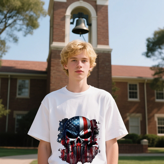 Skull With American Flag Colors T-Shirt, For 4th of July, 100% Cotton, Short Sleeve, Crew Neck, Unisex For Men And Women