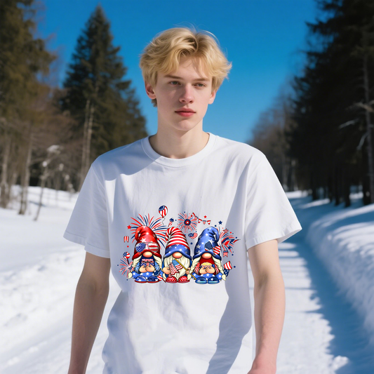 Three Santas With American Flag Colors And Fireworks T-Shirt, For 4th of July, Cotton, Short Sleeve, Crew Neck, Unisex For Men And Women