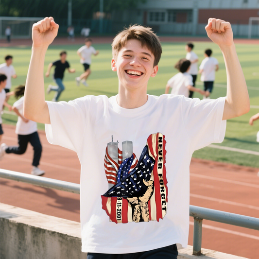 Never Forget 911 With Hand And American Flag T-Shirt, For 4th of July, 100% Cotton, Short Sleeve, Crew Neck, Unisex For Men And Women