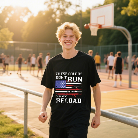 These Colors Don't Run They Reload American Flag T-Shirt, For 4th of July, 100% Cotton, Short Sleeve, Crew Neck, Unisex For Men And Women