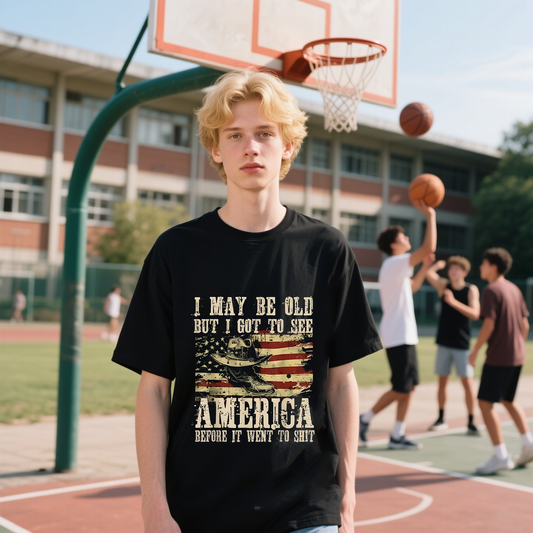 I May Be Old But I Got To See With American Flag T-Shirt, For 4th of July, 100% Cotton, Short Sleeve, Crew Neck, Unisex For Men And Women