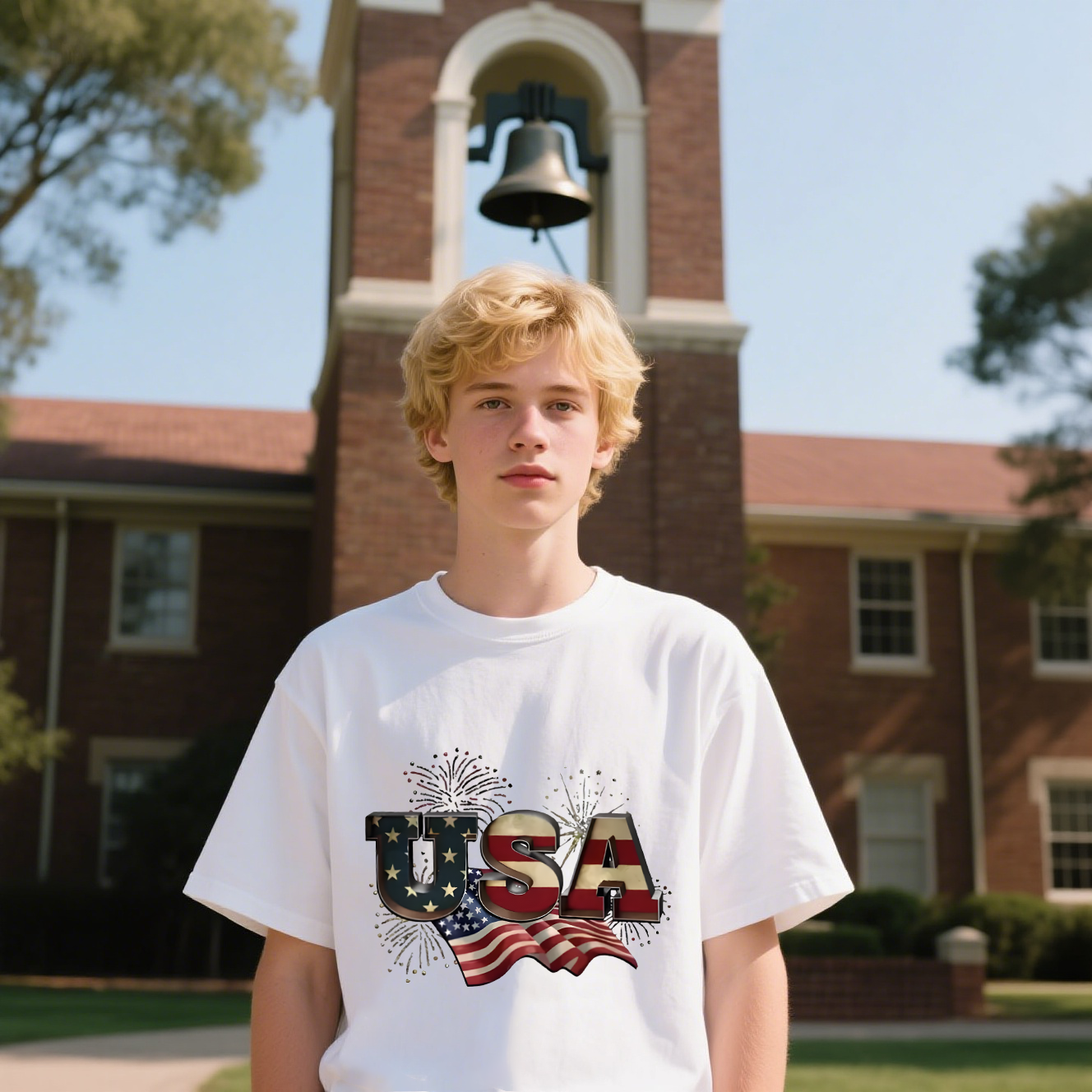 USA With American Flag And Fireworks T-Shirt, 100% Cotton, Short Sleeve, Crew Neck, Unisex For Men And Women