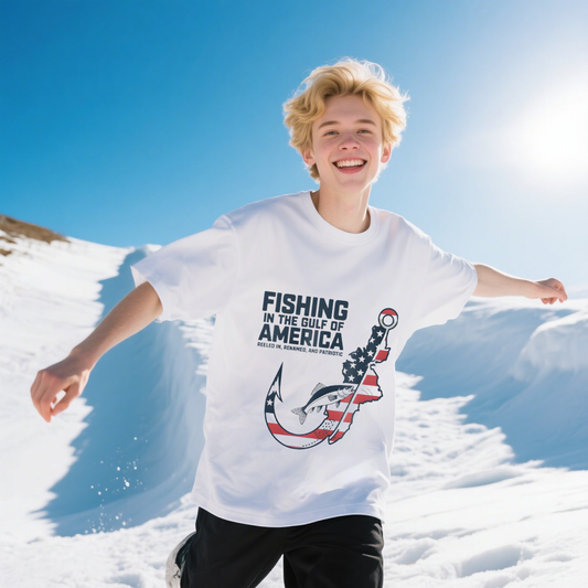 Fishing In The Gulf Of America With American Flag Colors T-Shirt, For 4th of July, 100% Cotton, Short Sleeve, Unisex For Men And Women